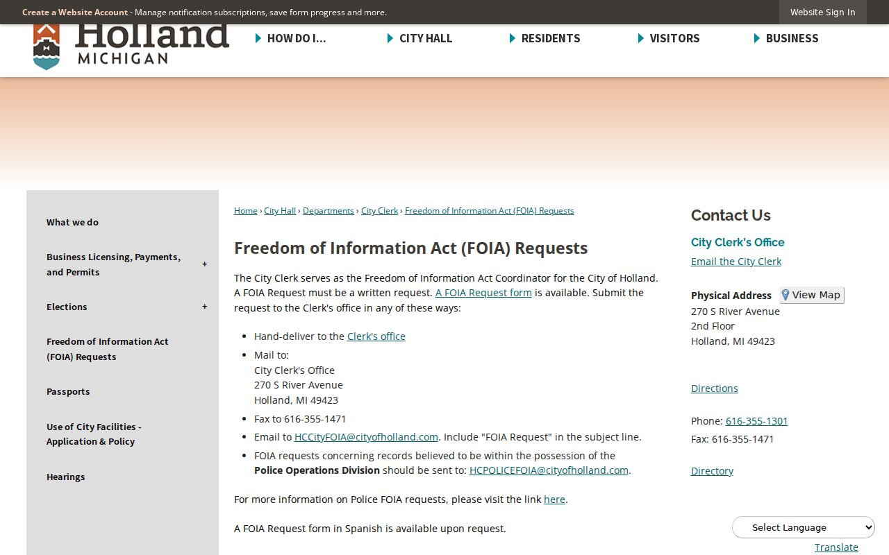 Holland residents directory City of Holland FOIA guidance