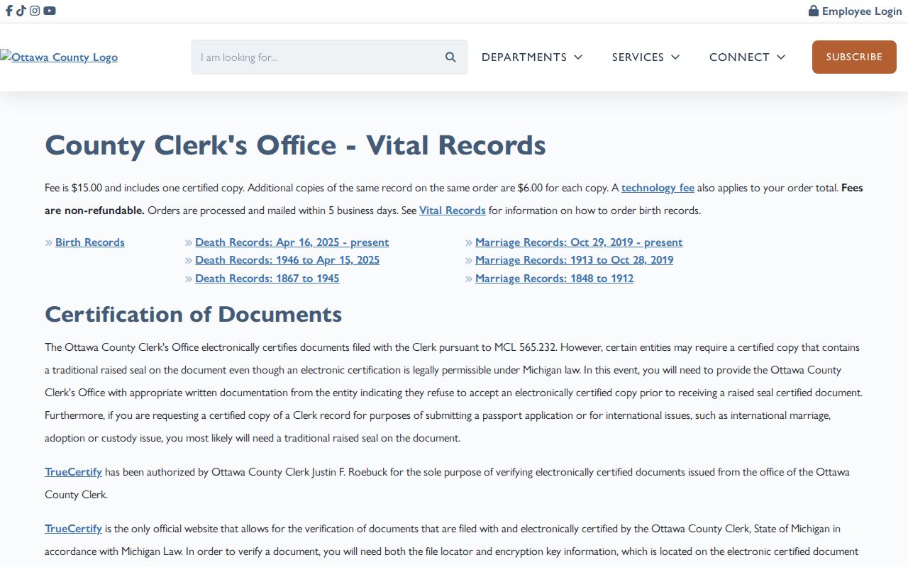 Holland resident lookup Ottawa County vital records portal