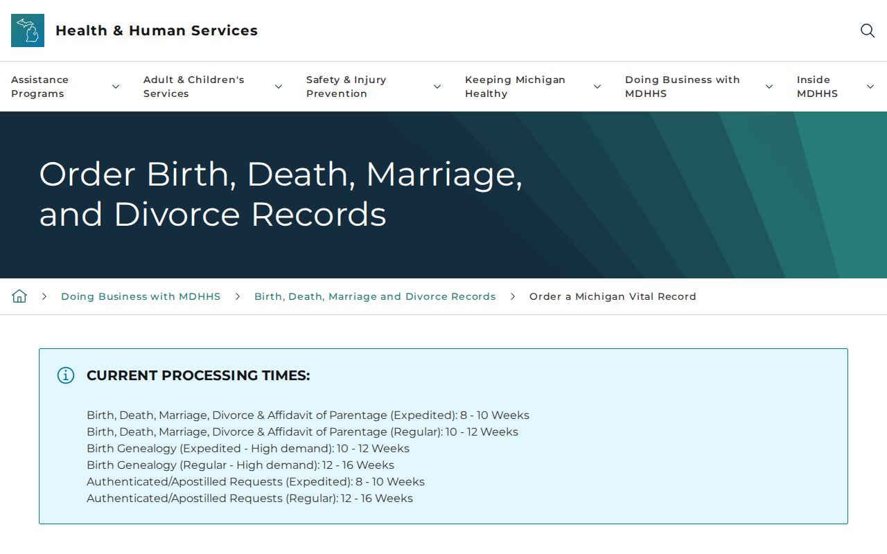 Holland resident lookup Michigan vital record ordering route